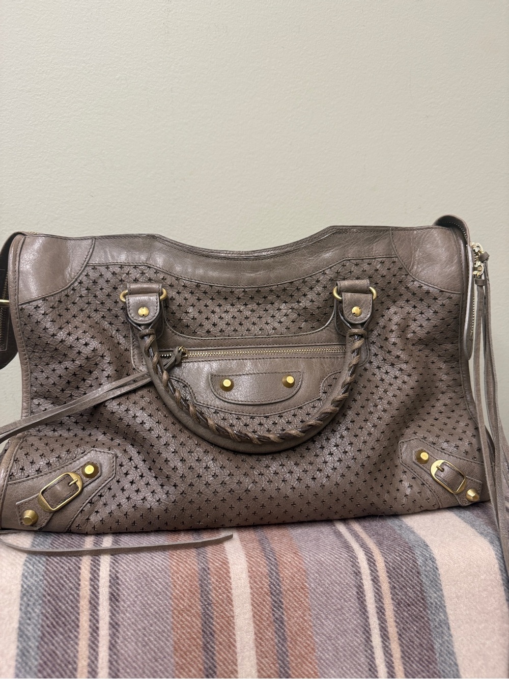 ❌ SOLD ❌ Authentic Balenciaga City Perforated Leather Taupe Gold Hardware.